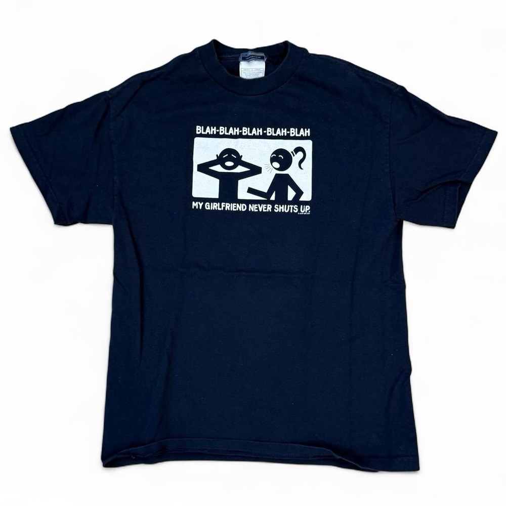 Vintage Funny "My Girlfriend Never Shuts Up" Navy Blue Tee Men's Size Medium Y2K
